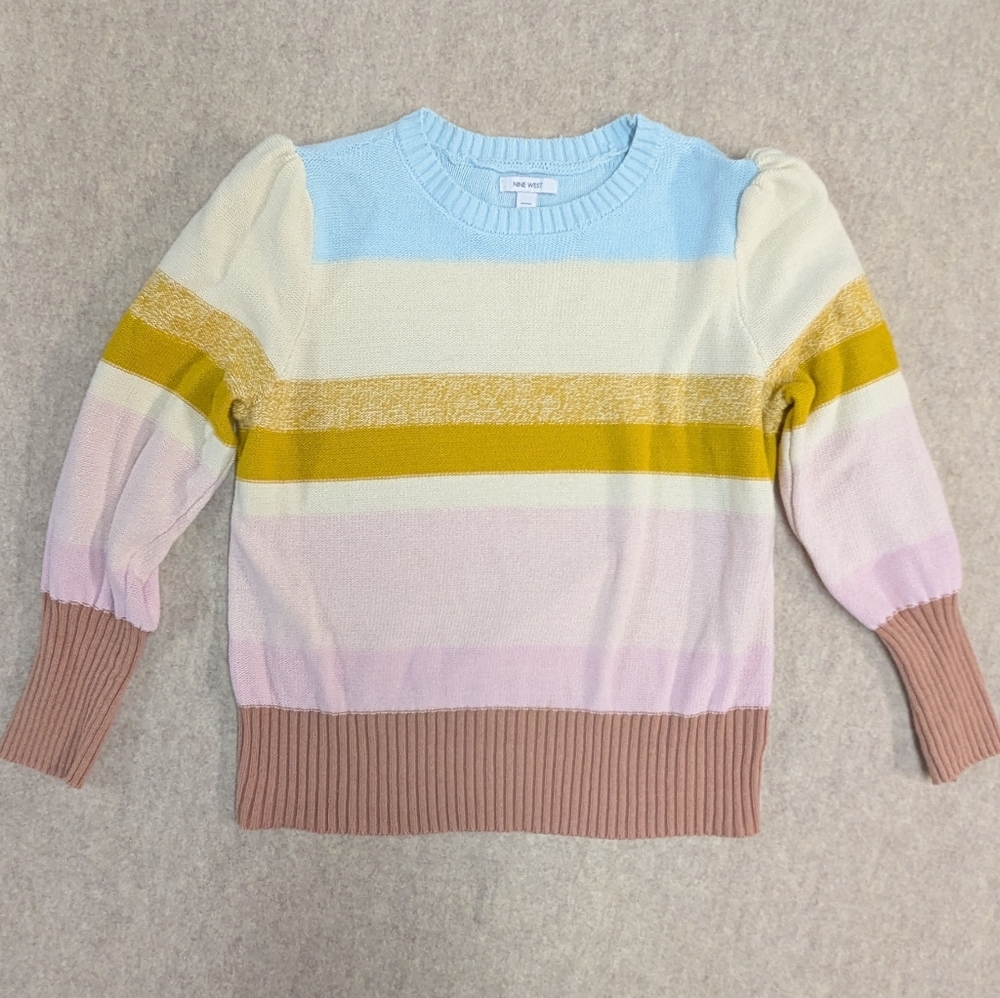 Nine West Petite XL Puff Sleeve Block Color Striped Knit Pastel Sweater Fall
